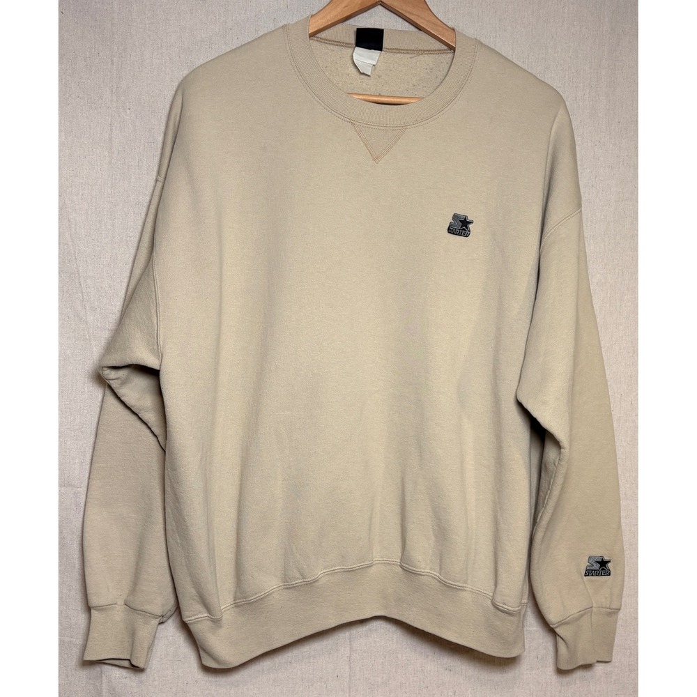 Vintage 90s Starter Crewneck Sweatshirt Mens Tan Beige Fleece Pullover Sz Large
